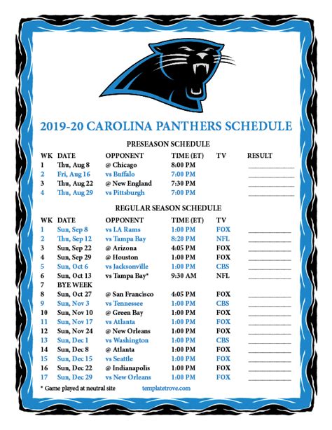 Printable 2019-2020 Carolina Panthers Schedule