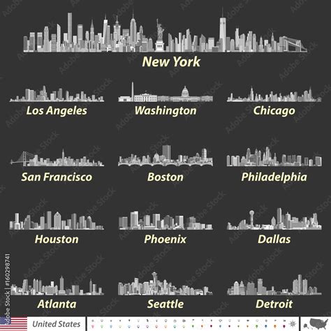 United States largest cities skylines vector illustrations in black and white color palette ...