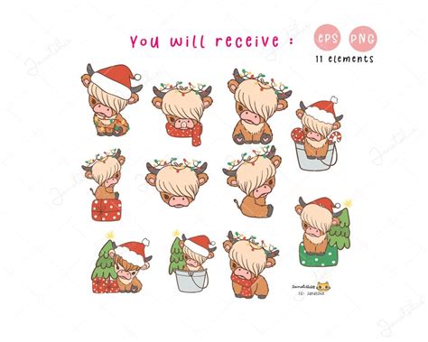 Christmas Highland Cow SVG Clipart, Highland Cow With Santa Hat Png, Baby Cow Holiday Cartoon ...