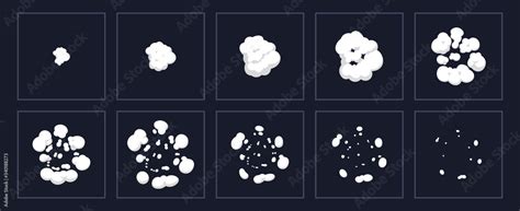 Smoke explosion animation. Cartoon explosion animated shot, explode clouds frames. Exploding ...