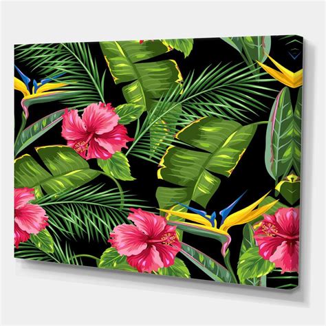 Designart "Seamless pattern with tropical leaves and flowers" Tropical Canvas Wall Art - Bed ...