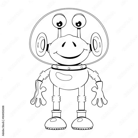 Black and white illustration of funny cartoon alien in spacesuit on white background Stock ...