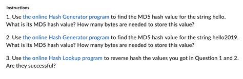 Solved Instructions 1. Use the online Hash Generator program | Chegg.com