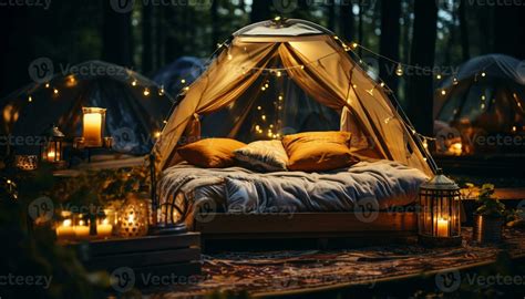 Night camping in nature, illuminated tent with comfortable lighting equipment generated by AI ...