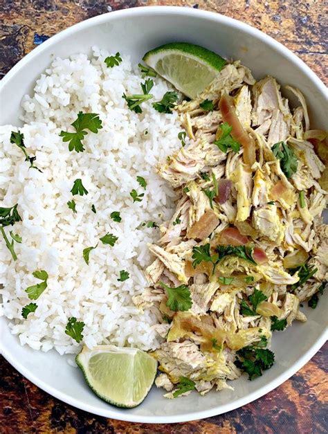 curry chicken and jasmine rice in a white bowl | Shredded chicken recipes, Shredded chicken ...