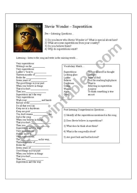 Superstition by Stevie Wonder - ESL worksheet by pyes