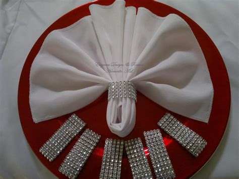 Silver Bling Napkin Ring with White Napkin and Red Charger Plate