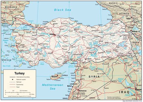 Large detailed physiography map of Turkey with relief, roads and major ...