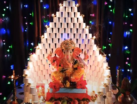 {Ganesh Ji} ganpati decoration at home with Saree, Paper Cup