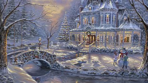 Houses Merry Christmas Scene F5mp Victorian Painting December ...