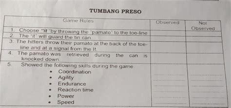 TUMBANG PRESO Game Rules Observed Not Observed 1. Choose "it"by throwing the "pamato“ to the toe ...