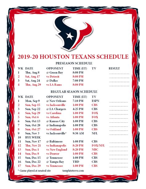 Printable 2019-2020 Houston Texans Schedule