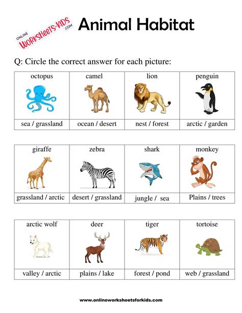 Animal Habitats Worksheets for Grade 1-6