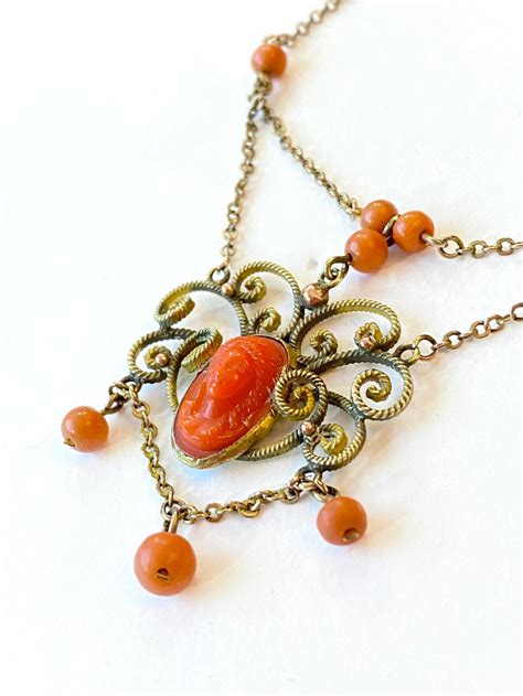 Antique Victorian Festoon Necklace Gold Filled Simulated Coral | Etsy ...