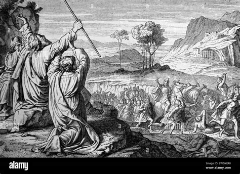 Illustration of Aaron and Hur Staying Moses Hands from Antique illustrated Family Bible -Aaron ...