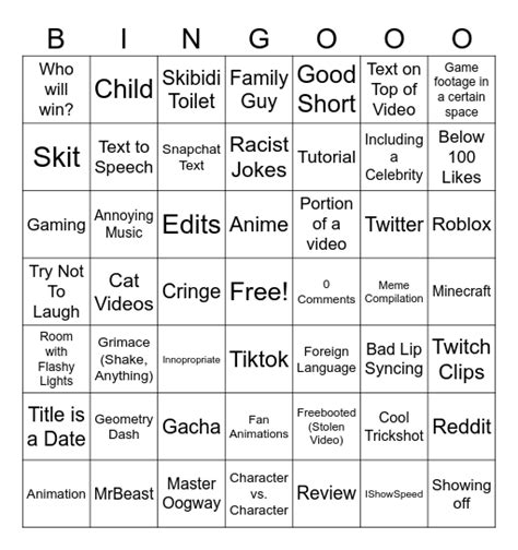 yt shorts bingo Card