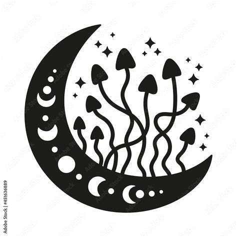 Moon with mushrooms. Mystical moon with moon phases. Witchy ...