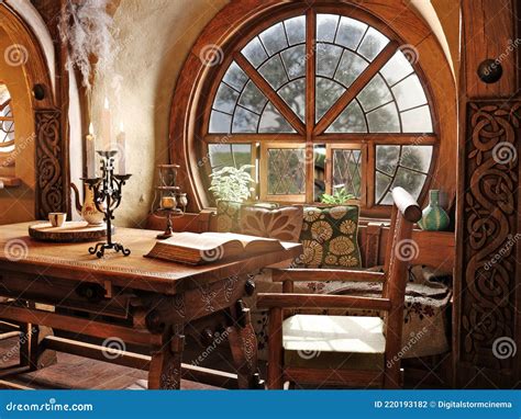 Fantasy Tiny Storybook Style Home Interior Cottage With Rustic Accents And A Large Round Cozy ...