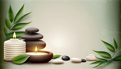 This spa background illustration showcases a serene atmosphere with flickering candles, polished ...