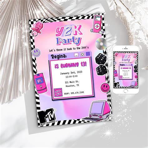 an image of a birthday party with pink and black items on the front, next to a cell phone