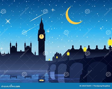 Big Ben Clock Famous Landmark Of England London,night Scene,silhouette Style Cartoon Vector ...
