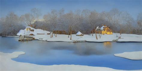 an oil painting of a lakehouse in the winter painted | Stable Diffusion | OpenArt