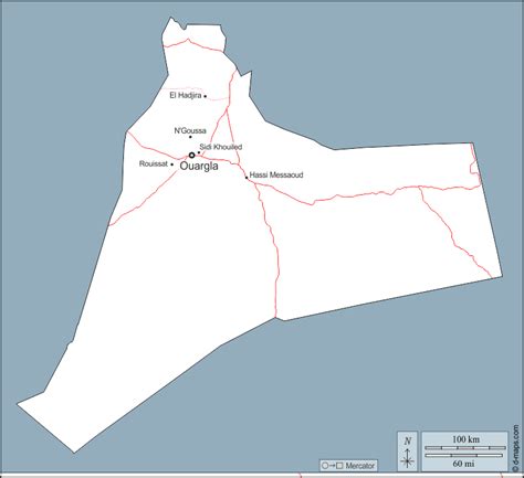 Ouargla free map, free blank map, free outline map, free base map outline, main cities, roads, names