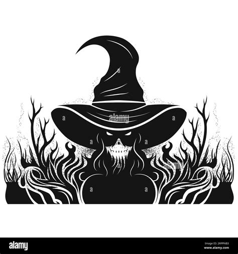 Scary witch in hat with skull like face and leafless forest, creepy ...