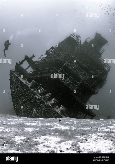 Scuba diver underwater with shipwreck Stock Photo - Alamy