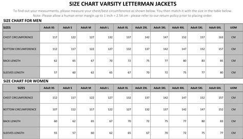 Varsity Jacket Size Chart | Design Varsity Jackets Online