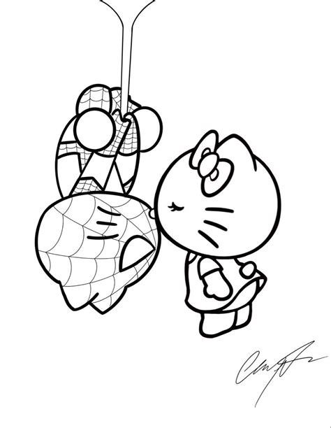 HELLO KITTYSPIDERMAN COLORING PAGE | Раскраски, Эскизы открыток, Милый рисунок