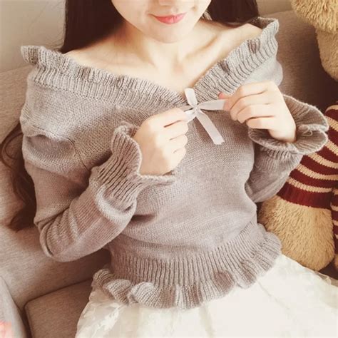 Japanese style cute women off shoulder sweater slash V neck knitted ...