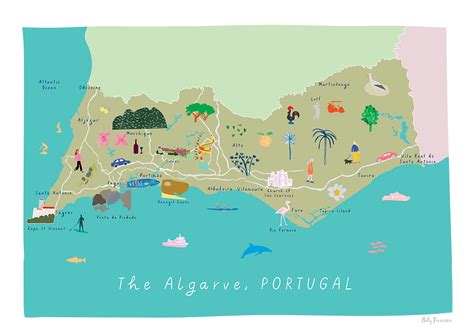 Illustrated hand drawn Map of The Algarve by UK artist Holly Francesca.