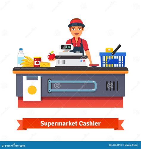 Supermarket Store Counter Desk Equipment And Clerk Stock Vector - Image: 61763418