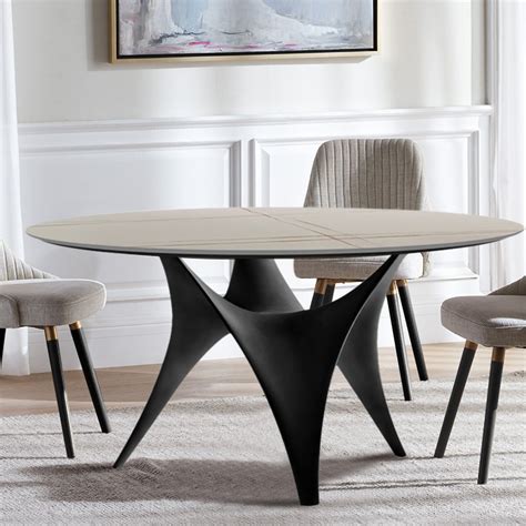 47.2" Round White Faux Marble Dining Table Black Base