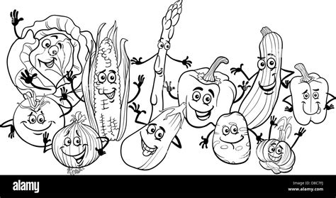 Black and White Cartoon Illustration of Happy Vegetables Food Characters Big Group for Coloring ...