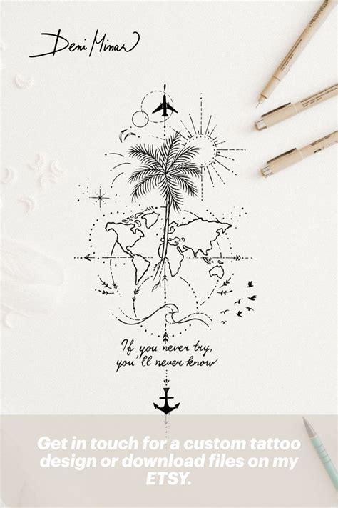 Travel lover delicate tattoo idea: custom line-drawing with world map ...