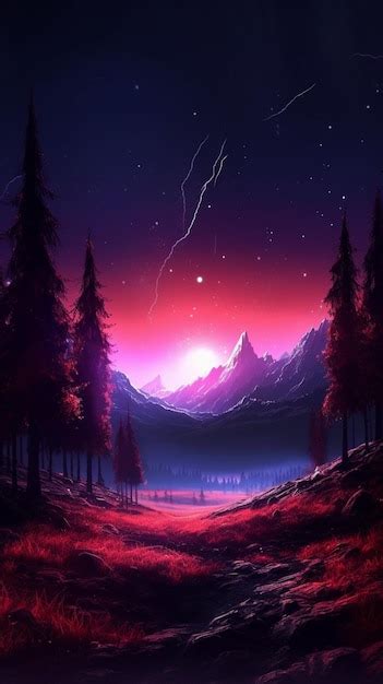 Premium AI Image | A mountain landscape with a purple sky and a purple sky with a lightning bolt