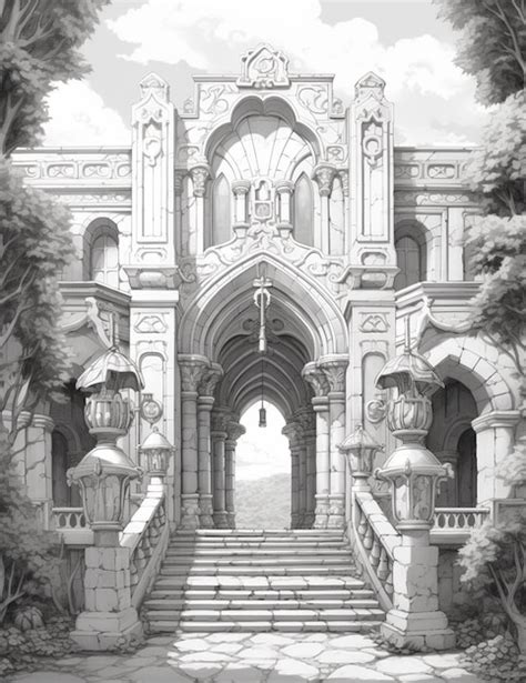 Premium Photo | A drawing of a castle entrance with a staircase leading to it generative ai