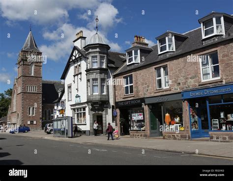 Shops and houses in the main street in the village of Banchory, Aberdeenshire, Scotland, uk ...