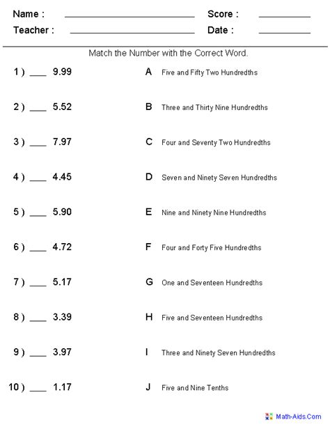 Place Value Decimals Worksheets Grade 6