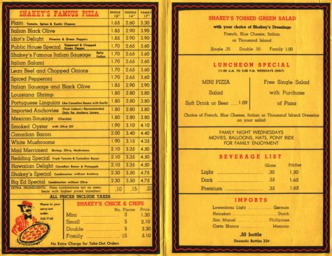 1970 menu from Shakey's Pizza - the first franchise pizza chain in the ...