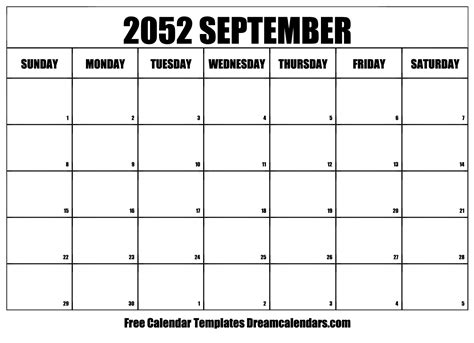 September 2052 Calendar - Free Printable with Holidays and Observances