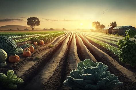 Premium Photo | An illustration of a farm with a sunset in the background.