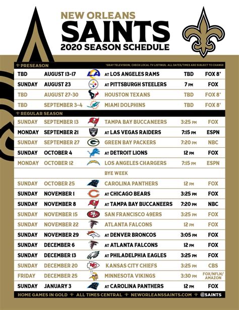 New Orleans Saints release schedule for 2020 season