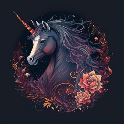 Premium Photo | Unicorn with long mane and flowers in a dark background ...