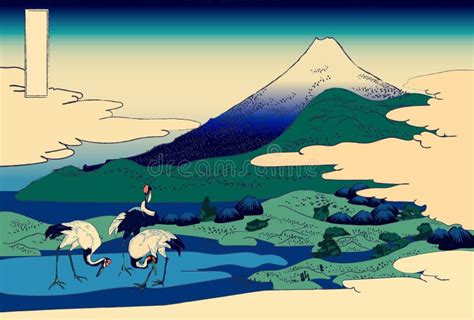 Ukiyo-e Japan Nature Landscape with Hills, Lake and Mountain in ...