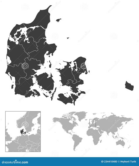 Denmark - Detailed Country Outline and Location on World Map. Stock Vector - Illustration of ...
