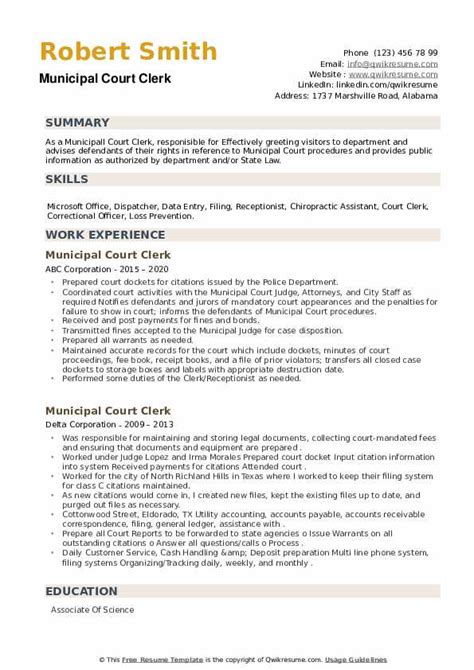 Municipal Court Clerk Resume Samples | QwikResume